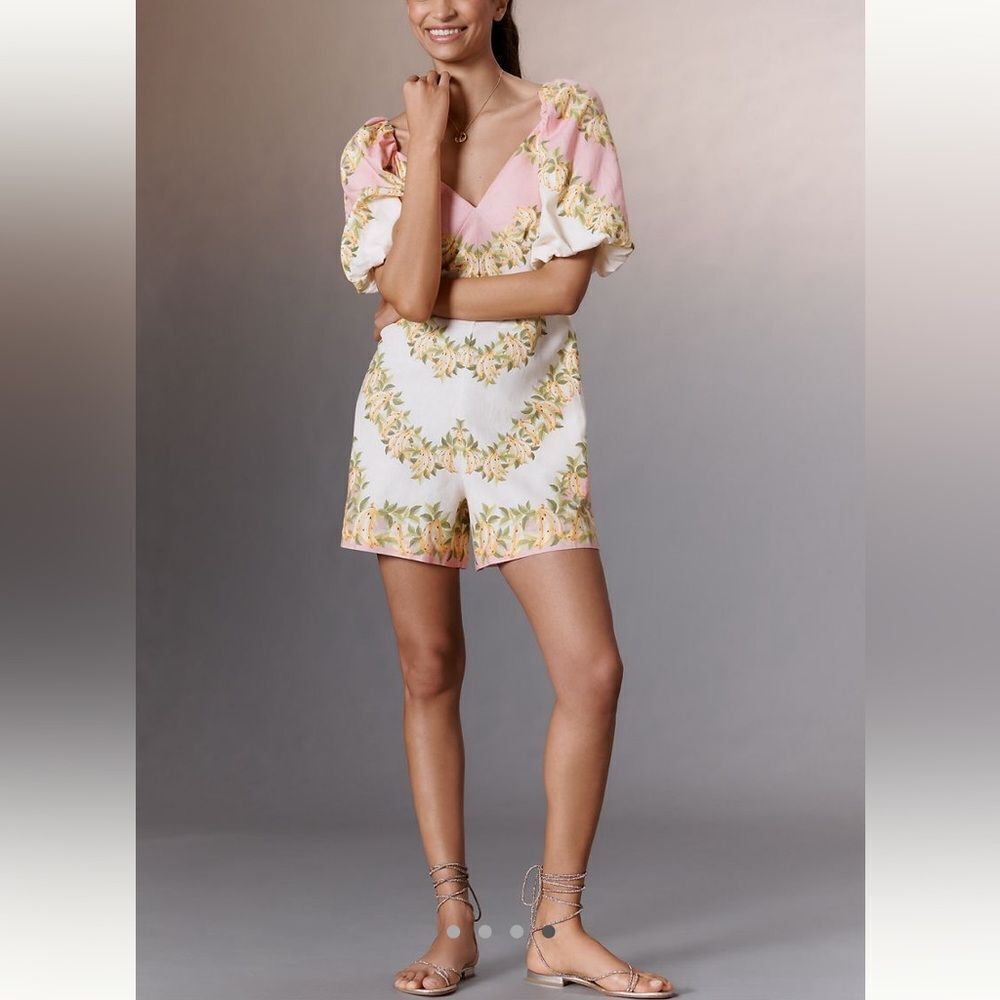 FARM Rio X Anthropologie V-Neck Puff Sleeve Linen Blend Romper - Picture 4 of 4